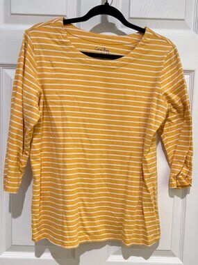 ☀️ Coral Bay Yellow White Striped Top Large 100% Cotton 3/4 Sleeve Casual Shirt